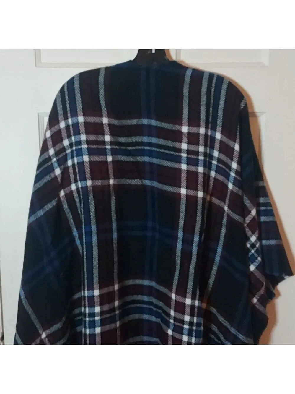 LOFT Outlet Black Blue Checkered Fringe Poncho One Size